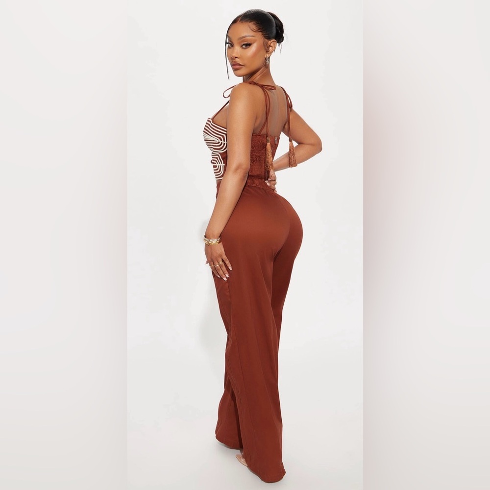 Women's High-Waist Wide Leg Pants Set- Brown - Picture 5 of 6
